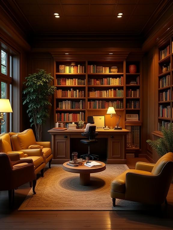 Interior de la oficina de Brisas Literarias con estanterías de libros y un ambiente cálido.