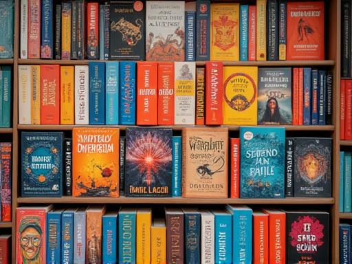 Varias portadas de libros coloridas en exhibición.